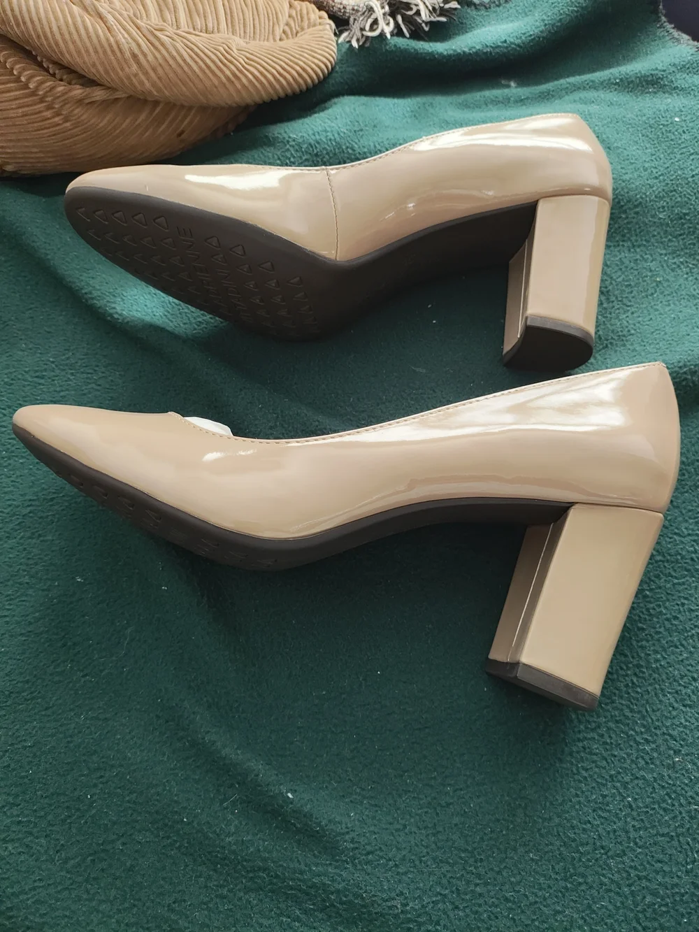 Adrienne Vittadini Patent Leather Round-Toe in Light Beige Block Pumps